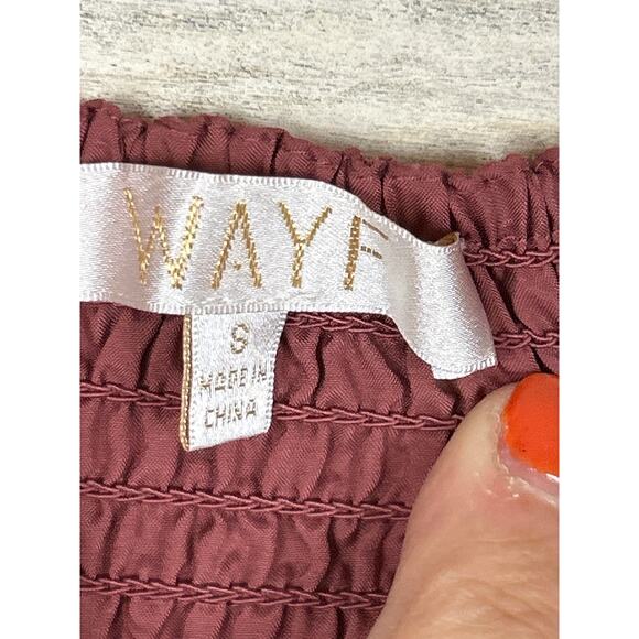 WAYF Women’s S Mauve Gold Shimmer Ruched Puff Sleeve Smocked Cropped Top Blouse - Picture 5 of 10